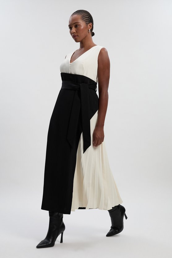 karen millen Plus Size Soft Tailored Colour Block Side Pleated Midi Dress mono