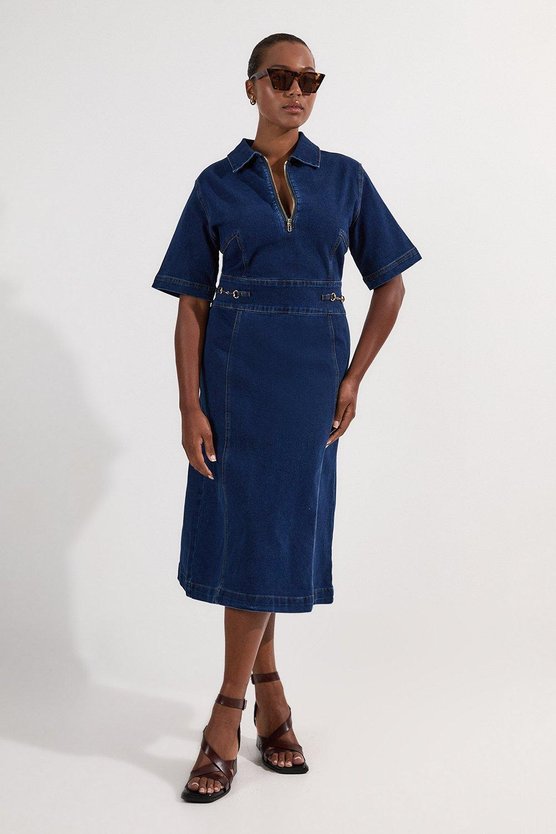 Karen Millen Plus Size Stretch Denim Snaffle Trim Collared Midi Dress Mid Wash