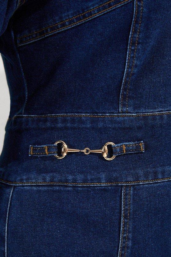 Karen Millen Plus Size Stretch Denim Snaffle Trim Collared Midi Dress Mid Wash