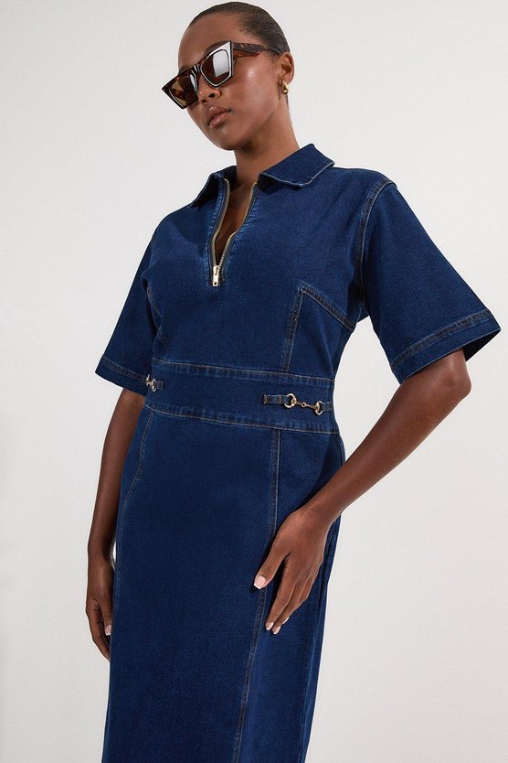 karen millen Plus Size Stretch Denim Snaffle Trim Collared Midi Dress mid wash