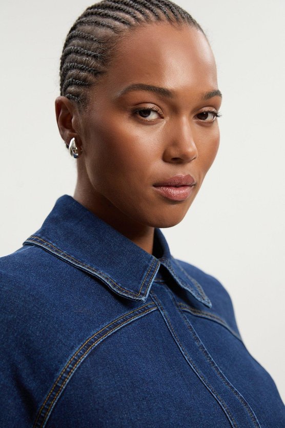 Karen Millen Plus Size Stretch Denim Tab Belt Detail Midi Dress Mid Wash