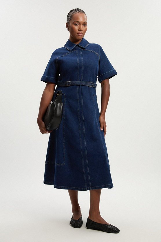 karen millen Plus Size Stretch Denim Tab Belt Detail Midi Dress mid wash