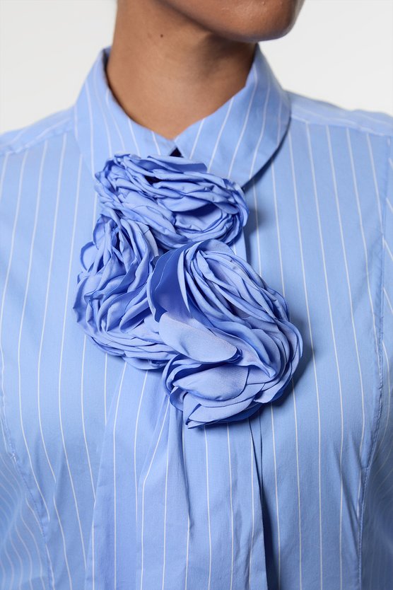 Karen Millen Plus Size Stripe Cotton Rosette Woven Shirt Maxi Dress Blue