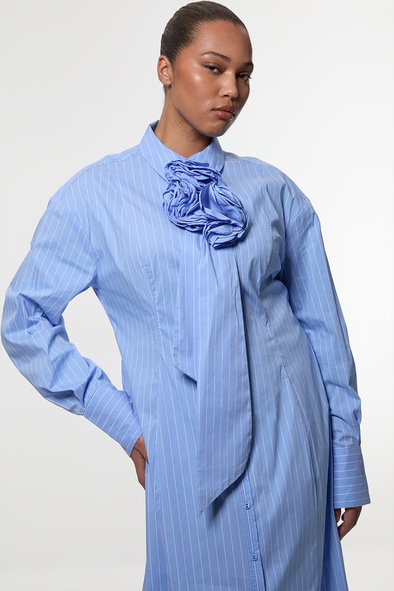 Karen Millen Plus Size Stripe Cotton Rosette Woven Shirt Maxi Dress Blue