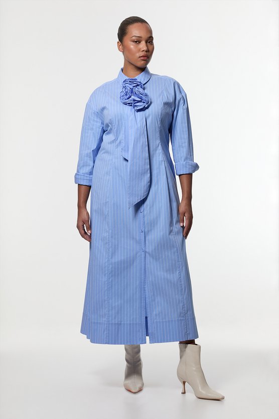 karen millen Plus Size Stripe Cotton Rosette Woven Shirt Maxi Dress blue