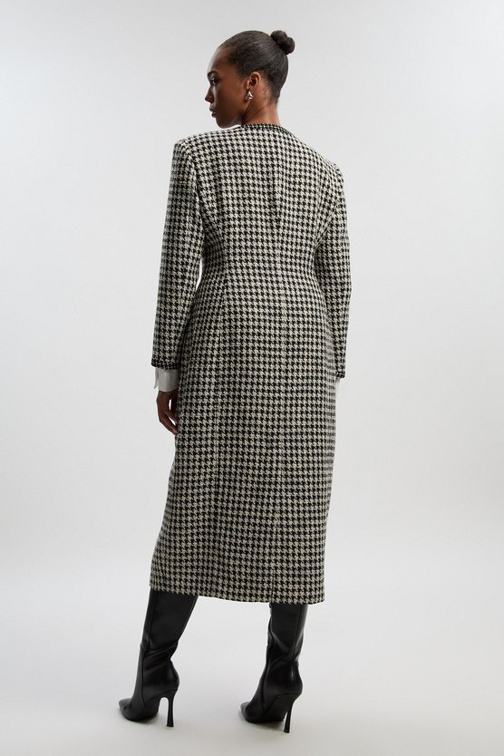 Karen Millen Plus Size Tailored Check Contrast Sleeve Pocket Front Midi Dress Multi