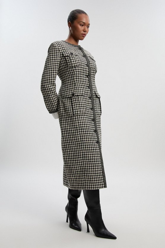 karen millen Plus Size Tailored Check Contrast Sleeve Pocket Front Midi Dress multi