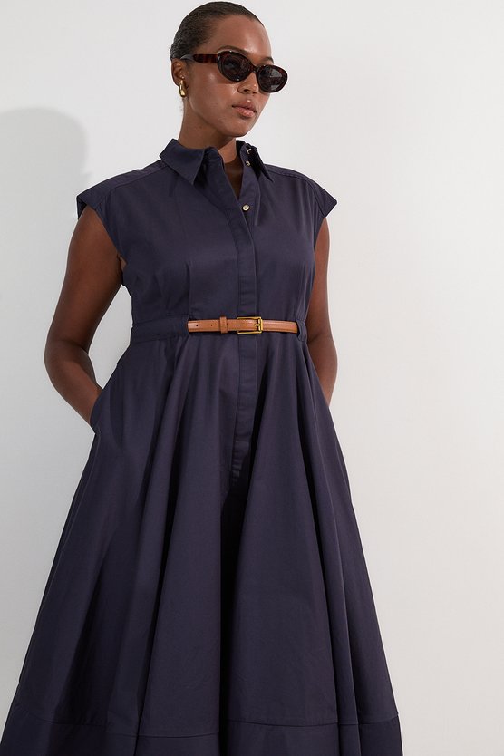 Karen Millen Plus Size Tailored Cotton Belted Collared Full Midi Dress Navy