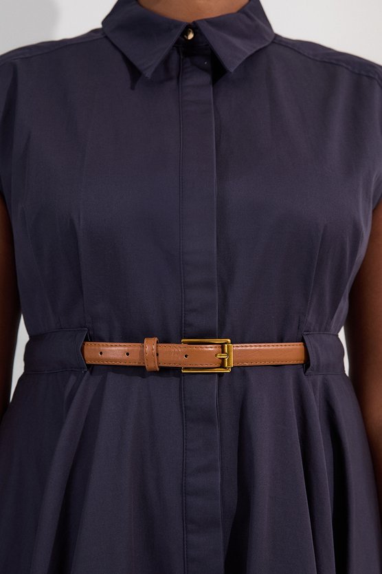 Karen Millen Plus Size Tailored Cotton Belted Collared Full Midi Dress Navy