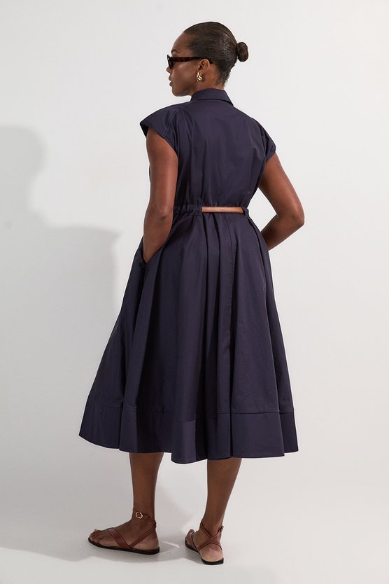 Karen Millen Plus Size Tailored Cotton Belted Collared Full Midi Dress Navy