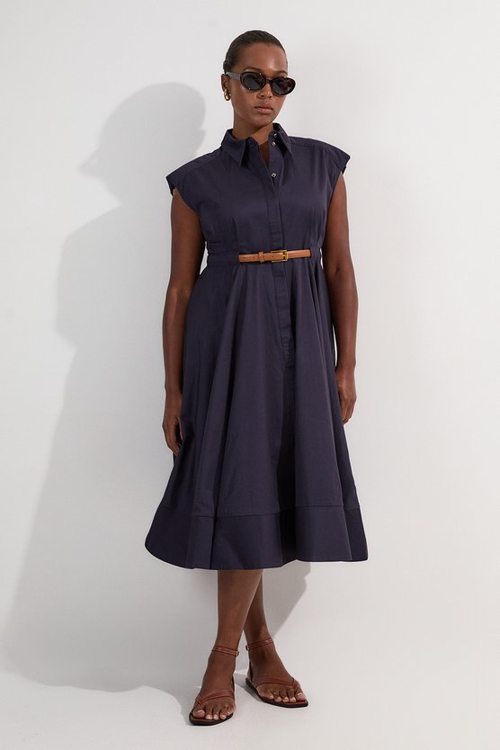 karen millen Plus Size Tailored Cotton Belted Collared Full Midi Dress navy