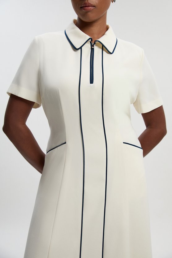 Karen Millen Plus Size Tailored Crepe Tipped Tailored Midi Shirt Dress Ivory