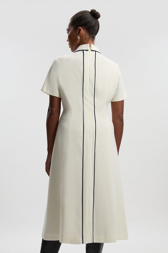Karen Millen Plus Size Tailored Crepe Tipped Tailored Midi Shirt Dress Ivory
