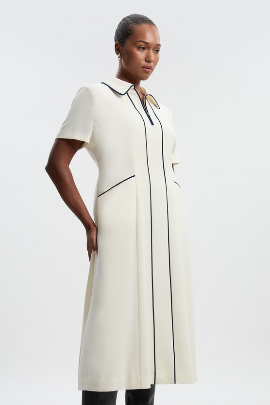karen millen Plus Size Tailored Crepe Tipped Tailored Midi Shirt Dress ivory
