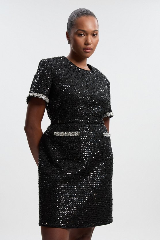 Karen Millen Plus Size Tailored Sequin Tweed Tie Bow Neck Embellished Mini Dress Black
