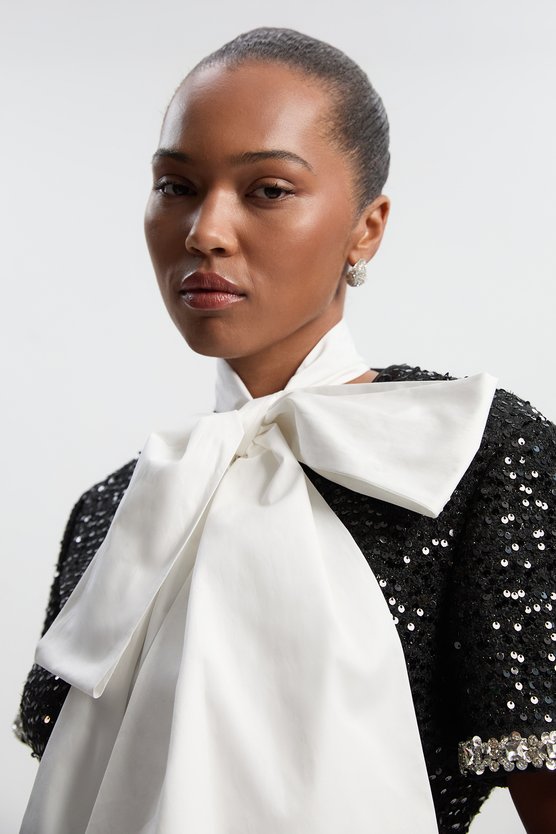 Karen Millen Plus Size Tailored Sequin Tweed Tie Bow Neck Embellished Mini Dress Black