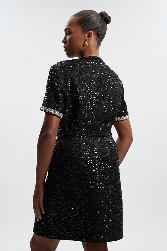 Karen Millen Plus Size Tailored Sequin Tweed Tie Bow Neck Embellished Mini Dress Black