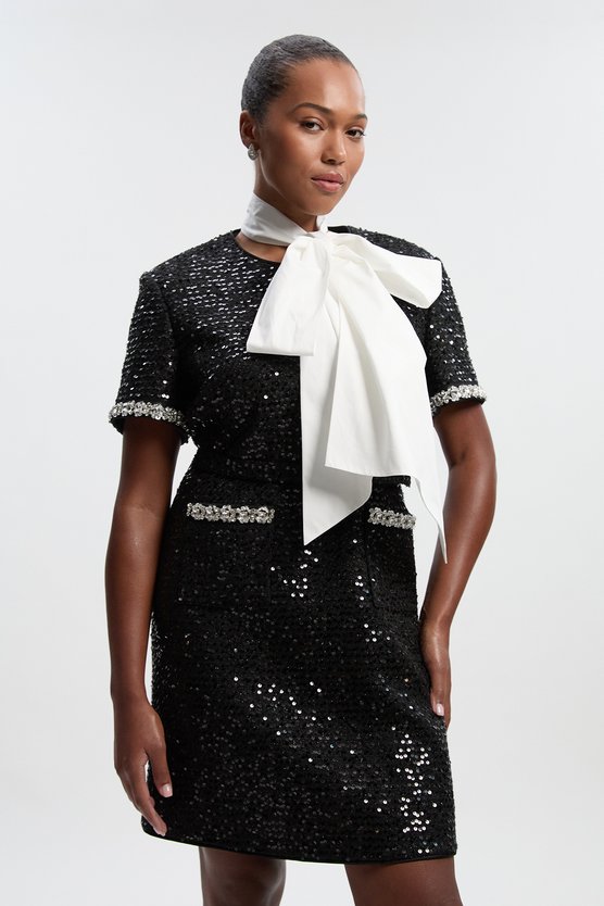 karen millen Plus Size Tailored Sequin Tweed Tie Bow Neck Embellished Mini Dress black