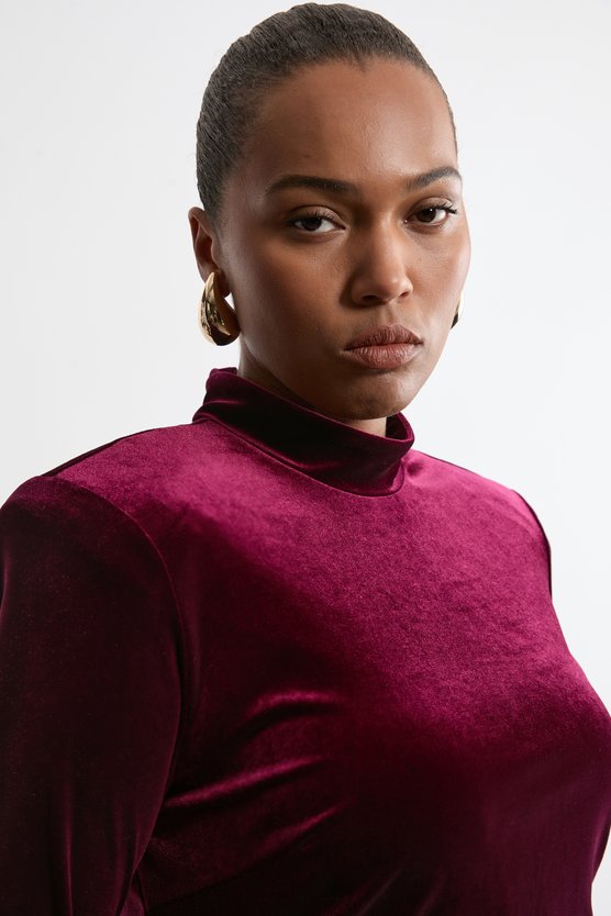 Karen Millen Plus Size Tailored Velvet High Neck Mini Dress Merlot