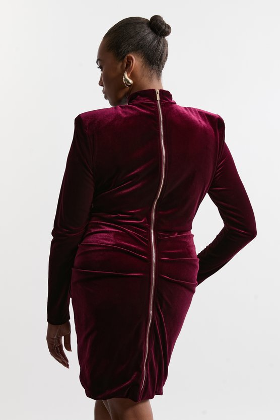Karen Millen Plus Size Tailored Velvet High Neck Mini Dress Merlot