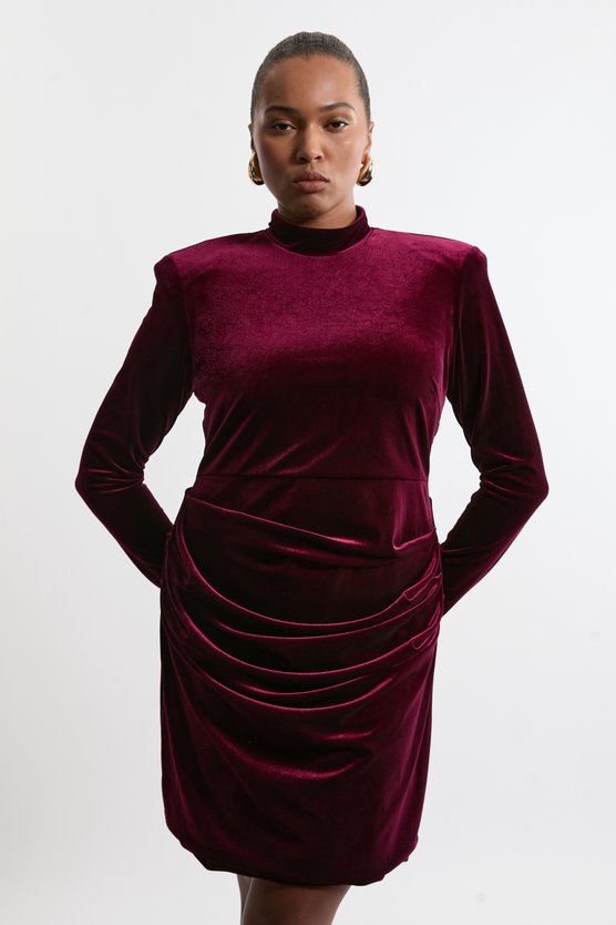 karen millen Plus Size Tailored Velvet High Neck Mini Dress merlot