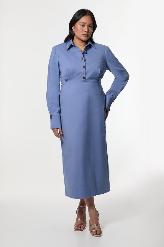karen millen Plus Size Techno Cotton Woven Maxi Dress With Clasp blue