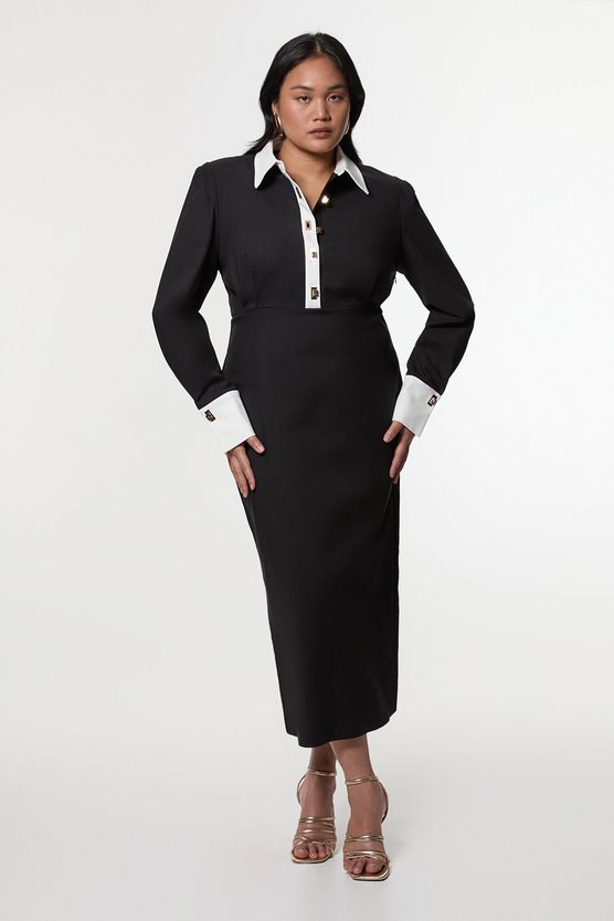 Karen Millen Plus Size Techno Cotton Woven Maxi Dress With Contrast Placket Mono
