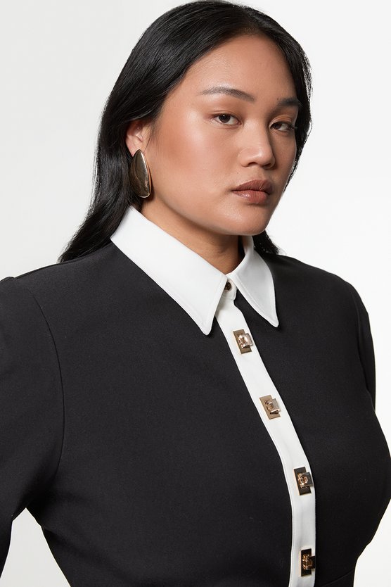 karen millen Plus Size Techno Cotton Woven Maxi Dress With Contrast Placket mono