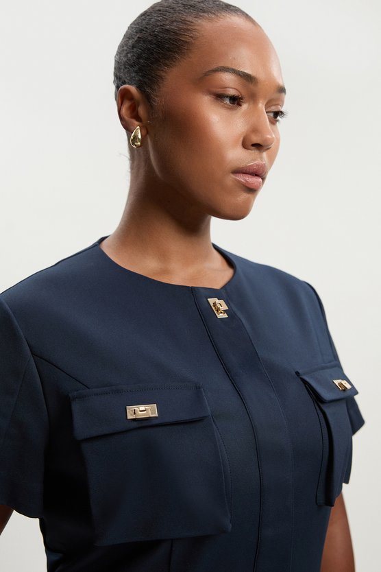 Karen Millen Plus Size Techno Short Sleeve Hardware Detail Woven Midi Dress Navy