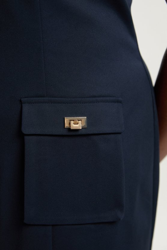 Karen Millen Plus Size Techno Short Sleeve Hardware Detail Woven Midi Dress Navy