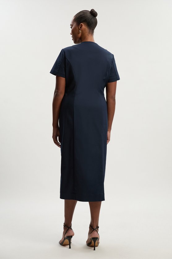 Karen Millen Plus Size Techno Short Sleeve Hardware Detail Woven Midi Dress Navy