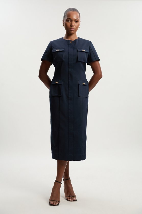 karen millen Plus Size Techno Short Sleeve Hardware Detail Woven Midi Dress navy