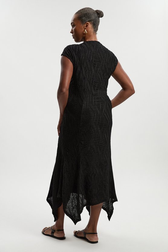 Karen Millen Plus Size Textured Hanky Hem Short Sleeve Trim Detail Jersey Maxi Dress Black