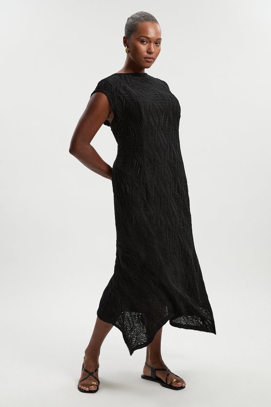 karen millen Plus Size Textured Hanky Hem Short Sleeve Trim Detail Jersey Maxi Dress black