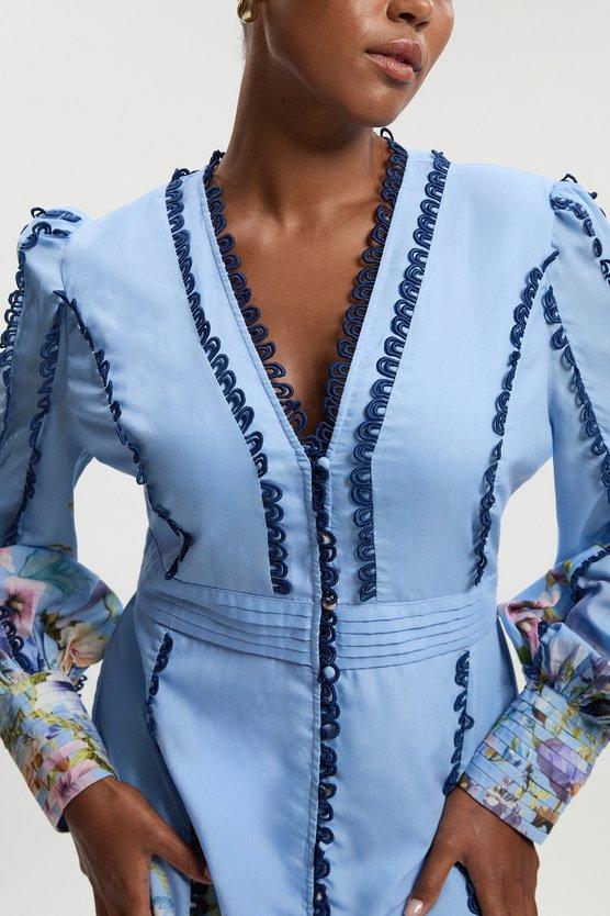 Karen Millen Plus Size Trailing Floral Woven Plunge Maxi Dress Blue