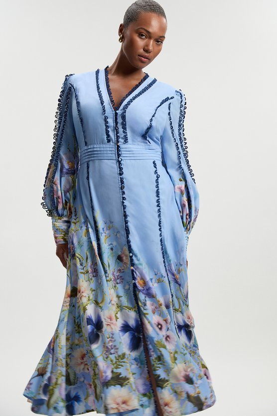 Karen Millen Plus Size Trailing Floral Woven Plunge Maxi Dress Blue