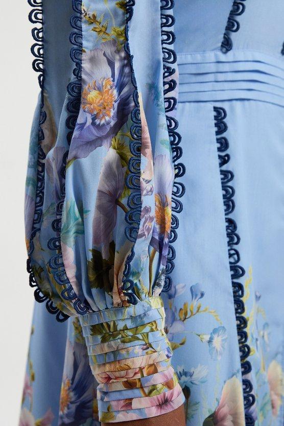 Karen Millen Plus Size Trailing Floral Woven Plunge Maxi Dress Blue