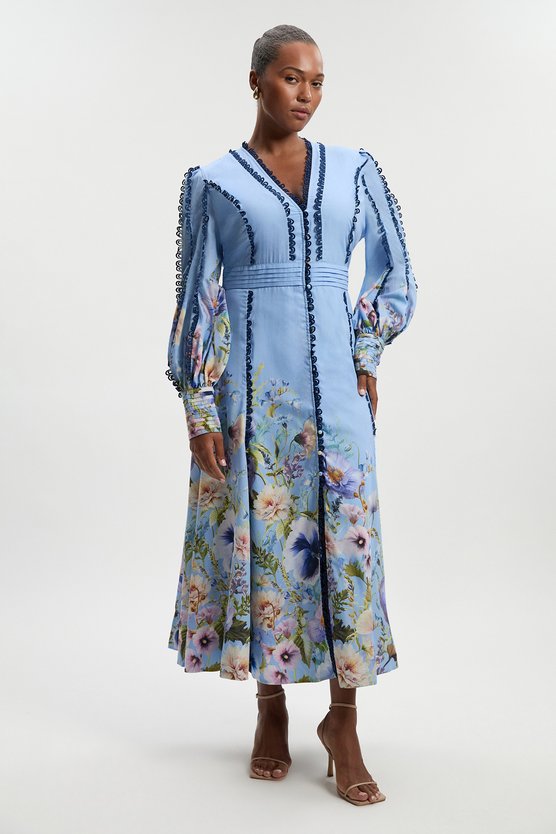 karen millen Plus Size Trailing Floral Woven Plunge Maxi Dress blue