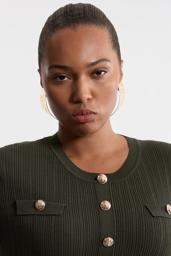 Karen Millen Plus Size Viscose Blend Maxi Knit Dress With Chiffon Sleeve Military Trim Olive