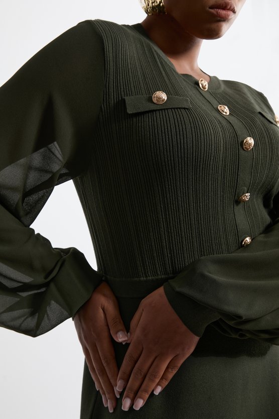 Karen Millen Plus Size Viscose Blend Maxi Knit Dress With Chiffon Sleeve Military Trim Olive