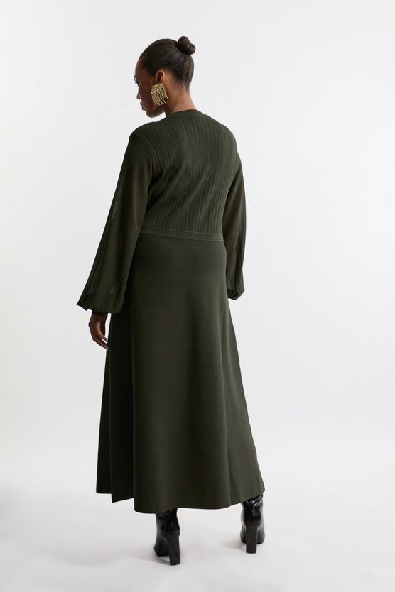 Karen Millen Plus Size Viscose Blend Maxi Knit Dress With Chiffon Sleeve Military Trim Olive