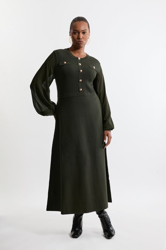 karen millen Plus Size Viscose Blend Maxi Knit Dress With Chiffon Sleeve Military Trim olive