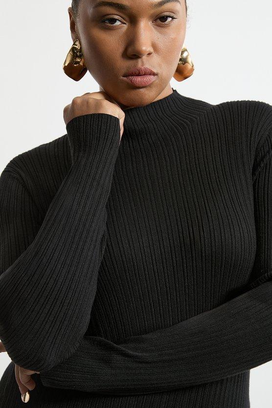 Karen Millen Plus Size Viscose Blend Popper Detail Split Knit Midi Dress Black