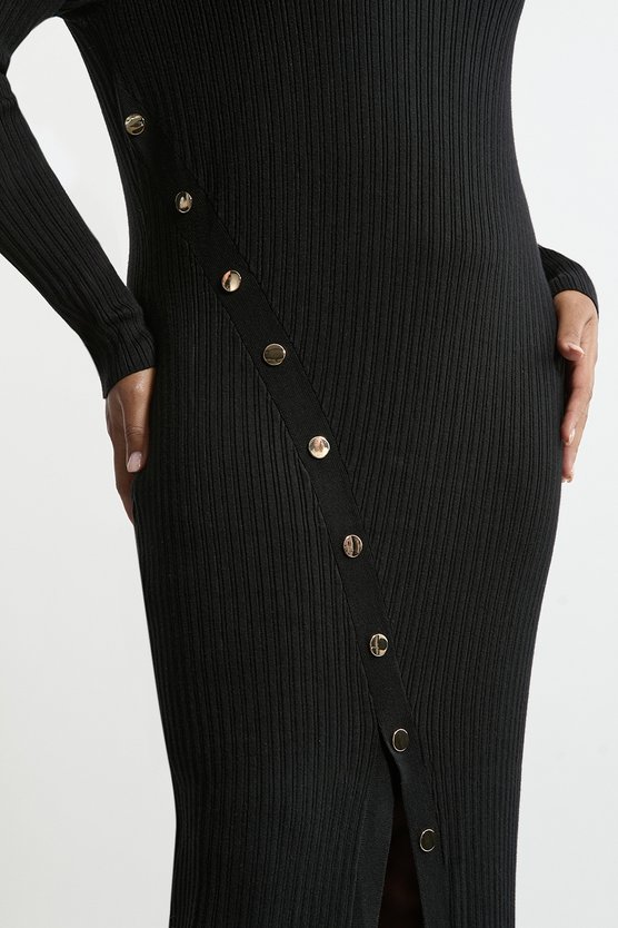 Karen Millen Plus Size Viscose Blend Popper Detail Split Knit Midi Dress Black