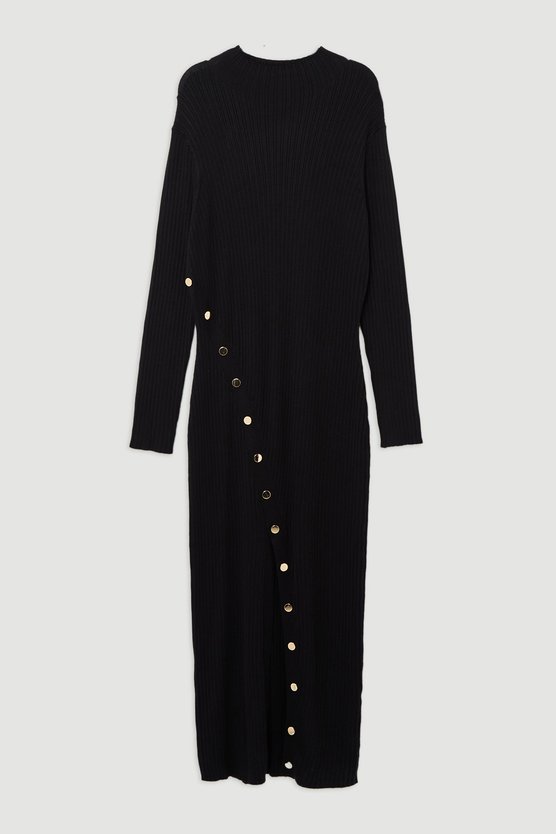 Karen Millen Plus Size Viscose Blend Popper Detail Split Knit Midi Dress Black