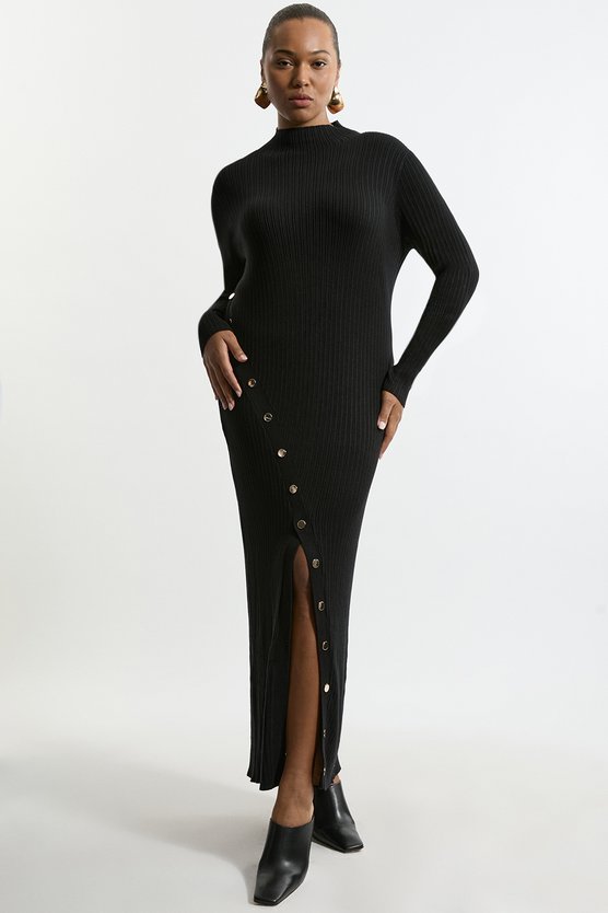 karen millen Plus Size Viscose Blend Popper Detail Split Knit Midi Dress black