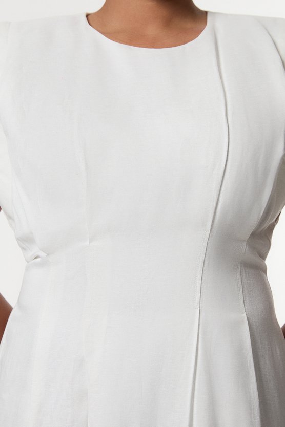 Karen Millen Plus Size Viscose Linen Woven Pintuck Midi Dress White
