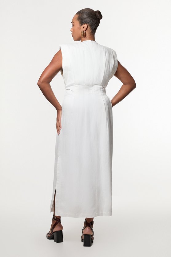 Karen Millen Plus Size Viscose Linen Woven Pintuck Midi Dress White