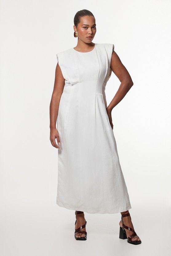 karen millen Plus Size Viscose Linen Woven Pintuck Midi Dress white
