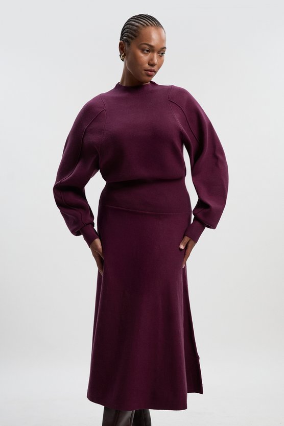 Karen Millen Plus Size Wool Look Rounded Sleeve Knit Midi Dress Burgundy